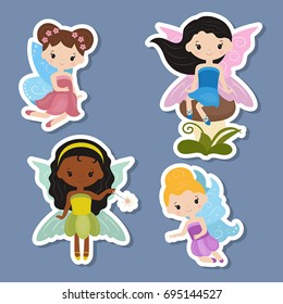 Vector set of fairy stickers. Fairies made in cartoon style.