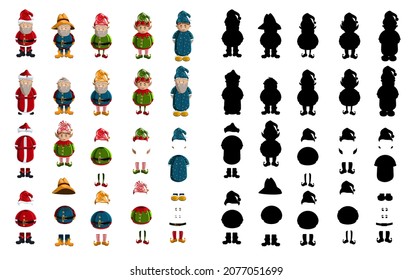 Vector set of fairy tale characters in cartoon style, their silhouettes and constituent elements. EPS 10