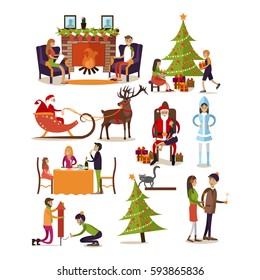 Vector set of fairy tale characters, people, home interior design elements isolated on white background. New Year and Christmas time concept symbols, icons in flat style.