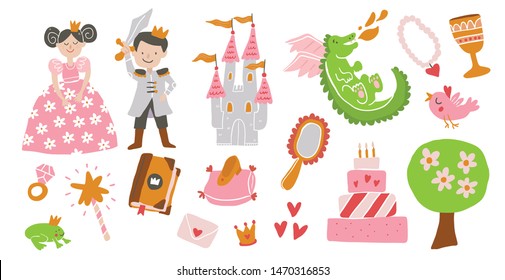 Vector set of fairy tale story elements -princess, prince, castle, diamond ring, love, cinderella shoe, frog, dragon, crown, magic wand. Vector princess. Fairy tale vector illustration - Vector