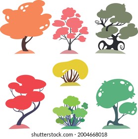 Vector set of fairy trees in warm and cold shades.