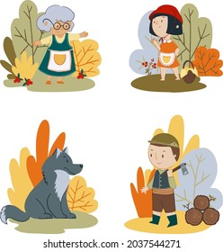 Vector set of fairytale characters Red riding hood. Grandma, wolf and lumberjack 