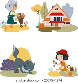 Vector set of fairytale characters Red riding hood. Little girl, grandma and wolf