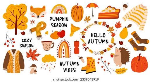 Vector set of fall elements. Autumn season. Leaves, acorns, sweater, scarf, pumpkins, boots, hedgehog, pie, rainbow, inscription. Beautiful poster, banner, placard. Hello Autumn.