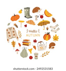 Vector set of fall elements. Hello Autumn. Cozy autumn illustration. Leaves, acorns, sweater, pumpkins, boots, mushrooms, croissant, coffee. Cute fall collection, banner, poster, postcard. 