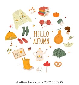 Vector set of fall elements. Hello autumn. Cozy autumn illustration. Leaves, acorns, sweater, pumpkin, boots, mushrooms, for holiday cards, invitations and holiday decorations.