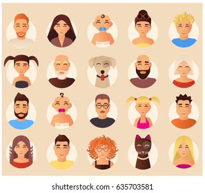 Vector set of family avatars. Smiling family people and domestic animals cartoon characters, icons, flat style design elements.