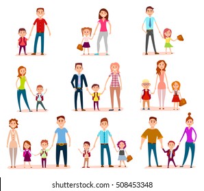 Vector set family child education concept. Mothers, fathers and schoolchildren. Pupils, bag, happy smiling faces. Happy chidhood concept. Isolated characters. School life. Generic pedagogy poster.