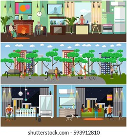 Vector set of family concept design elements in flat style. Parents cooking, walking in the park with their children, reading bedtime stories. Grandparents taking rest at fireplace. Family lifestyle.