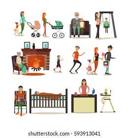 Vector set of family concept design elements, icons in flat style. Father, mother, grandfather, grandmother, children cartoon characters isolated on white background.