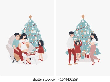 vector set of a family with a daughter who spend time near the Christmas tree