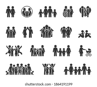 Vector set of family flat icons. Contains icons couple in love, large family, divorce, quarrel, happy family, big family and more. Pixel perfect.