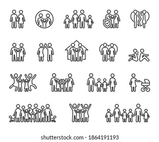 Vector set of family line icons. Contains icons couple in love, large family, divorce, quarrel, happy family, big family and more. Pixel perfect.