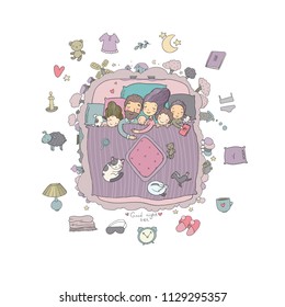 Vector set with family sleeping in bed. Cartoon mom, dad and babies. Sweet Dreams. Good night. Bed linen. Funny pets. Illustration for pajamas. Happy children. 