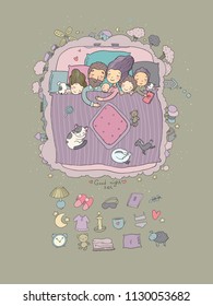 Vector set with family sleeping in bed. Cartoon mom, dad and babies. Sweet Dreams. Good night. Bed linen. Funny pets. Illustration for pajamas. Happy children. 