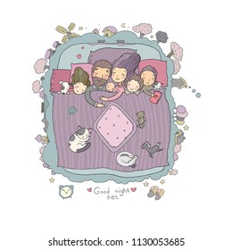 Vector set with family sleeping in bed. Cartoon mom, dad and babies. Sweet Dreams. Good night. Bed linen. Funny pets. Illustration for pajamas. Happy children. 