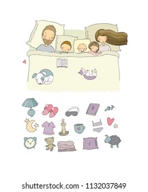 Vector set with family sleeping in bed. Cartoon mom, dad and babies. Sweet Dreams. Good night. Bed linen. Funny pets. Illustration for pajamas. Happy children. 