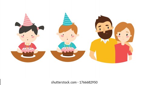 Vector set of family who celebrate a birthday. A girl blows out candles, a boy blows out candles on a cake. Parents are hugging. A fun family holiday. 