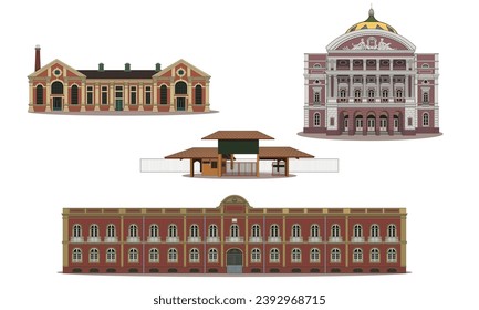 Conjunto de vectores de famosos monumentos de la ciudad de Manaus, Amazonas, Brasil. Este conjunto de vectores incluye el teatro Amazonas, un famoso museo Amazonas, la mansión provincial y el museo de la energía de la chimenea