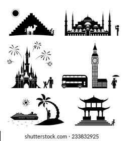 Vector set of famous monuments and travel icons. Travel and tourism icon set. 