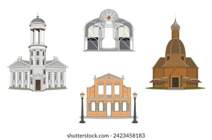 Vector set of famous places in the capital city of Curitiba, Paraná state, Brazil. Including tourist spots like a famous church, 24hs street, the German Park and the Ukrainian Immigration Memorial.