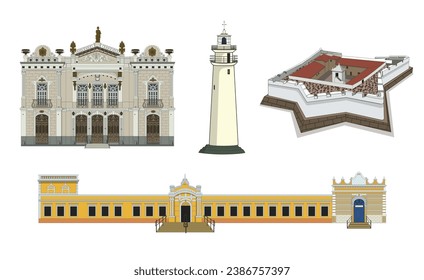  Vector set of famous places in the city of Natal, Rio Grande do Norte, Brazil. This set contains a theater, the Mother Luiza's Lighthouse , a famous fortress and a Tourism Center of the city