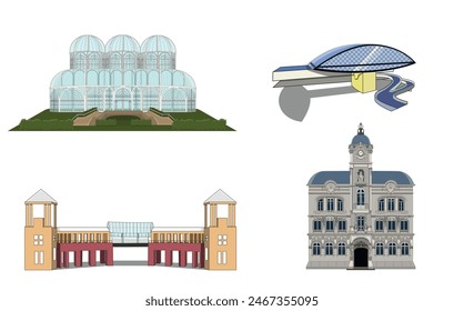 Vector set of famous places in the city of Curitiba, state of Paraná, Brazil. This vector set contains city landmarks such as a famous botanical garden, a museum, a historic building and a famous park