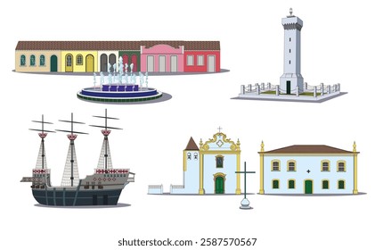 Vector set of famous places of Porto Seguro, Bahia state, Brazil. Such as church, museum, lighthouse and boardwalk