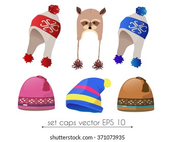 Vector set of fancy realistic winter earflap hat, star style, racoon style and ear style ski hat. Poster banner print advertisement infographics design element