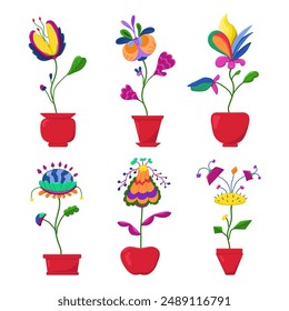 Vector set of fantastic plants. Fantasy botanical illustration on white background. Fantastic alien magic flowers in pots.