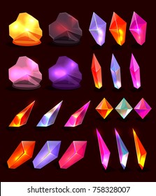 Vector set of fantasy cartoon crystals for game design; bright crystals, stones, rock, diamond, brilliants, geology samples for app user interface; transparent shine sharps for underground caves.