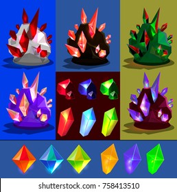 Vector set of fantasy cartoon crystals for game design; bright isolated colorful stones, rock and crystals for app user interface; transparent blue, yellow, green precious stones for game creating.