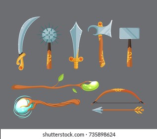 Vector set of fantasy cartoon game design swords, axes, staffs and bow weapon isolated on grey background. Illustration of medieval weapon and magic staff
