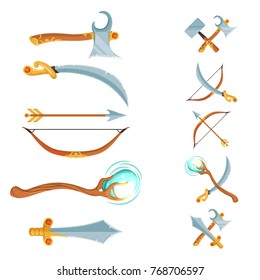 Vector set of fantasy cartoon game design crossed and in the row swords, axes, staffs and bow weapon isolated on white background. Military old weapon for medieval war illustration
