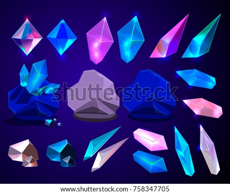 Vector set of fantasy cartoon sparkle crystals, rock and stones elements for game design; bright colorful brilliants, indigo minerals, azure sharps; faceted diamonds and geology samples for app store.