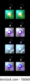 Vector set of fantasy colorful cartoon earrings; isolate earrings icons on black background; vector jewelry on black.