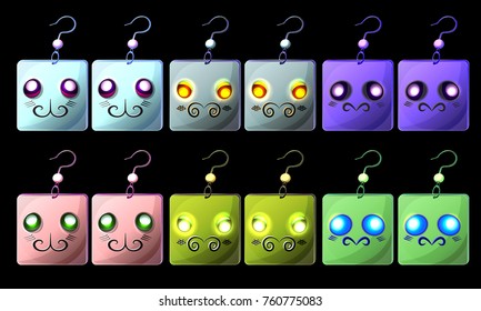Vector set of fantasy colorful cartoon earrings with character's face; fantasy cartoon smiles on earrings; isolate earrings icons; fantasy game icons; vector jewelry on black background.