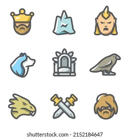 Vector Set de Iconos de la historia del Dragón de fantasía.