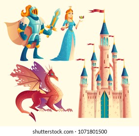 Vector set of fantasy, fairy tale game design objects isolated on white background. Knight in armor, red, fantastic dragon, princess, royal castle. Medieval, magical characters, ui concept.