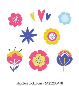 Vector set of fantasy flowers and leaves in folk style. flat cartoon design. great design element for cards, posters, leaflets, wedding, birthday and holiday banners.