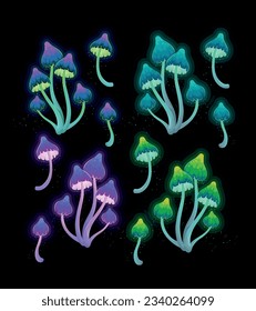 Vector set of fantasy glowing mushrooms