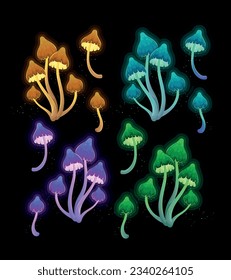 Vector set of fantasy glowing mushrooms