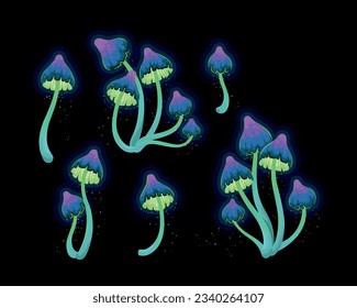 Vector set of fantasy glowing mushrooms