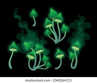 Vector set of fantasy glowing mushrooms