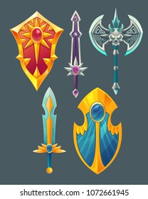 Vector set of fantasy items, fairy tale game design objects isolated on grey background. Golden sword with crystal, silver knife, blade, gilded magic shield, viking sharp axe for medieval concept.