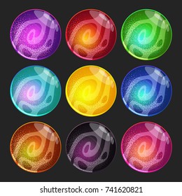 Vector set with fantasy planets, colorful glossy magic balls, isolated on gray background, cartoon game assets 