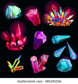 Vector set of fantasy shiny crystals with polish surface; colorful bright fantastic gem for app user interface, web design, card, textile, illustrations; natural shine violet, pink, azure, red rock. 