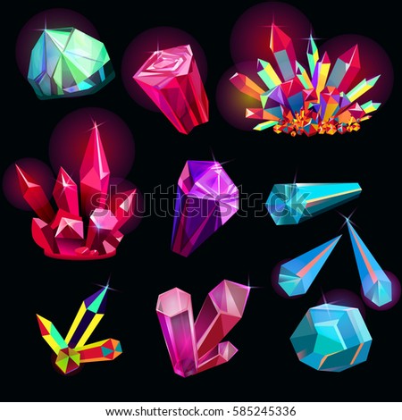 Vector set of fantasy shiny crystals with polish surface; colorful bright fantastic gem for app user interface, web design, card, textile, illustrations; natural shine violet, pink, azure, red rock. 