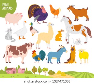 Vector set of farm animal: pig, chicken, cow, horse etc with cozy village landscape, house, garden, field. White background. Flat hand drawn style. For label, banner, logo, book, alphabet illustration