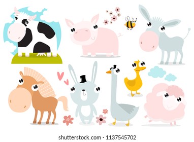 Vector set farm animals. animal farms. cow, pig, donkey, horse, rabbit, goose, duck, sheep, lamb. cartoon animals. cartoon characters